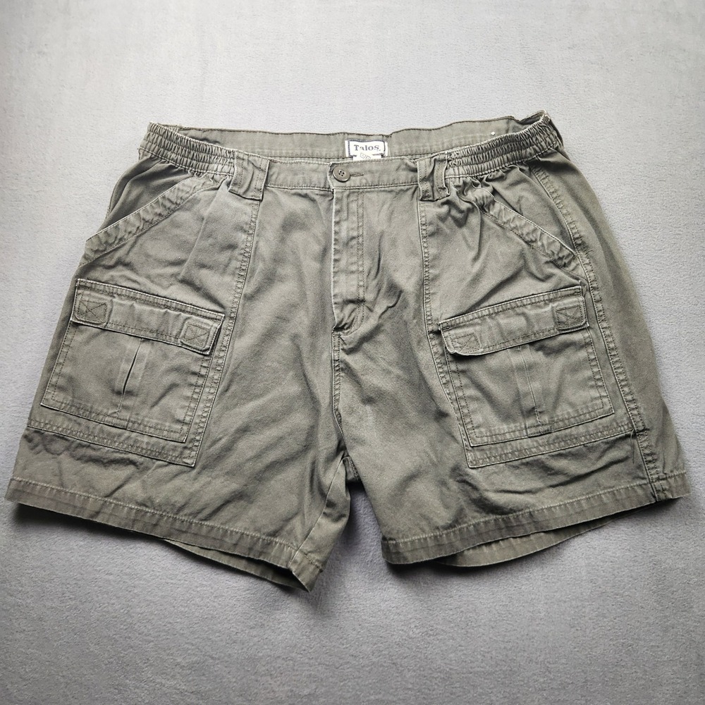 Talos Mens Cargo Shorts Olive Green Cotton Canvas Elastic Waist Size 38 Utility